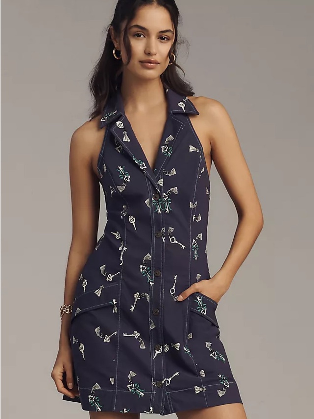 Maeve Navy Halter Mini Dress with Key & Floral Print